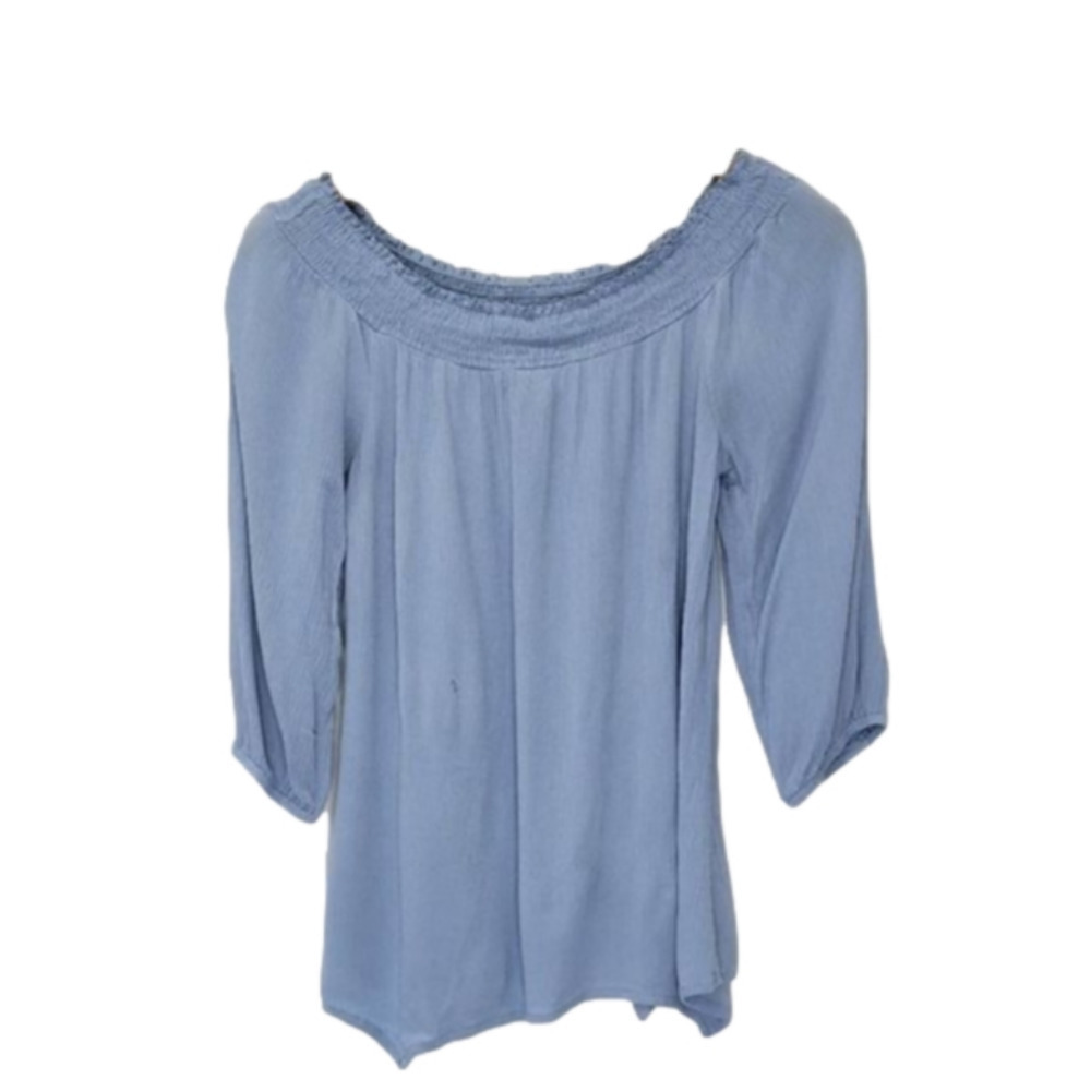 NO Boundaries Round neck elastic 3/4 sleeve blouse point hem detail
